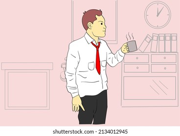 Employees are having an afternoon break drinking coffee. Hand Drawn Vector