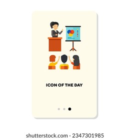 Empleados que asisten a la conferencia o presentación icono de vector plano. Equipo de gente de negocios logrando objetivos ilustrativos vectoriales aislados. Trabajo en equipo, concepto de negocio para diseño web y aplicaciones