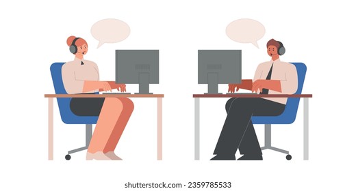 Employees at the help center are wearing headsets and responding to customers. flat vector illustration.