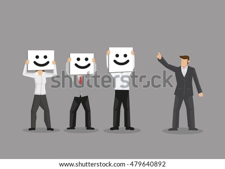 Employees hide behind smiling face mask when boss is around. Vector illustration for on putting a false front at work concept isolated on grey background.