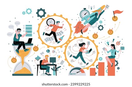 Employees with high productivity doing job efficiently, complete tasks and achieve goals. Hard working people team banner with gears, clock, bulb lamps and ticks element. Flat vector illustration.
