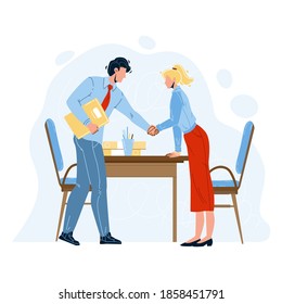 Employees Hiring Director Welcoming Woman Vector. Boss Man Handshaking Girl Hand Worker Hiring In Office. Characters Chief And Hired Colleague In Elegant Suit Flat Cartoon Illustration