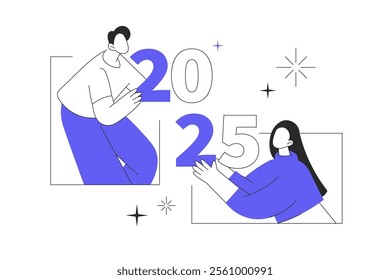 Employees hold big numbers 2025. Friends or team wish Merry Christmas and happy New Year to their clients. Holiday greeting. Flat Cartoon Vector Illustration, icon. Stylish abstract Blue 