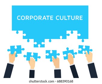 Employees holding and connecting puzzle pieces together. Corporate Culture and Teamwork vector concept in flat style.