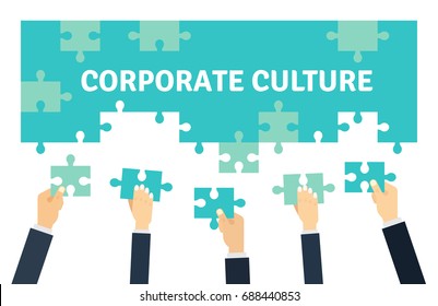 Employees holding and connecting puzzle pieces together. Corporate Culture and Teamwork Vector graphic design illustration n flat style.