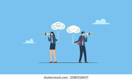 Employees holding speech bubble balloons while talking on megaphone symbolizes communication or PR, Public Relations manager to communicate company information and media, announce sales or promotion.