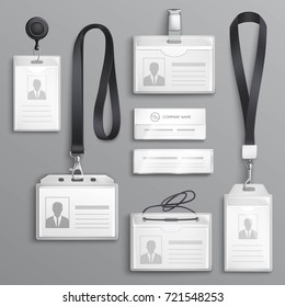 Employees identification card id badges holders with  lanyards cord and strap clips black realistic samples set vector illustration 