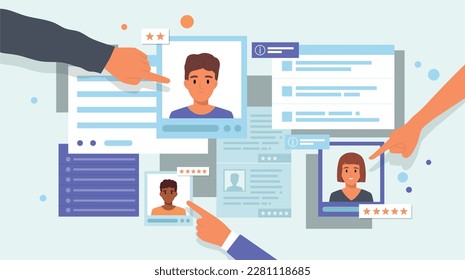 Employees job candidates recruitment flat concept several resumes are stacked on the same plane and recruiters choose their candidate vector illustration