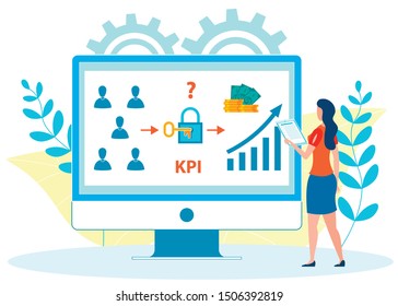 Employees KPI Analysis Flat Vector Illustration. Female HR Expert, Economist, Researcher Studying Workers Key Performance Indicators Cartoon Character. Analyst with Presentation, Report Data
