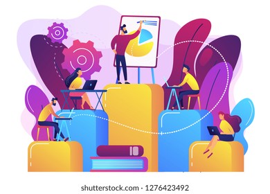 Employees with laptops learning at professional trainig. Internal education, employee education, professional development program concept. Bright vibrant violet vector isolated illustration
