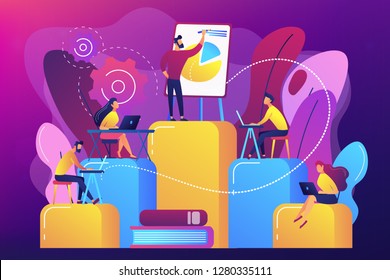 Employees with laptops learning at professional trainig. Internal education, employee education, professional development program concept. Bright vibrant violet vector isolated illustration