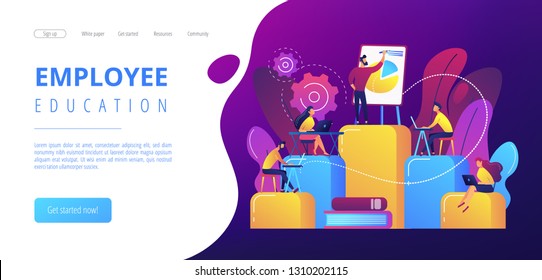 Employees with laptops learning at professional trainig. Internal education, employee education, professional development program concept. Website vibrant violet landing web page template.