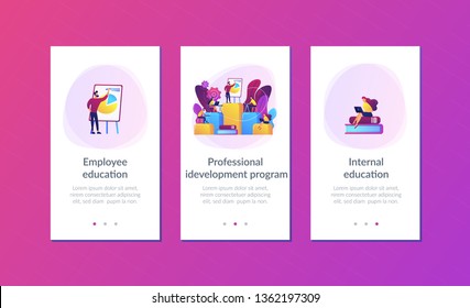 Empleados con laptops aprendiendo en formación profesional. Educación interna, educación de los empleados, concepto de programa de desarrollo profesional. Plantilla GUI de UI de Mobile UX, modelo de alambre de interfaz de aplicación