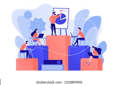 Employees with laptops learning at professional trainig. Internal education, employee education, professional development program concept. Pinkish coral bluevector isolated illustration