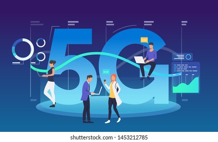 Employees with laptops using 5G internet. Communication, fifth generation, discussion. Technology concept. Vector illustration can be used for topics like wireless connection network, interacting