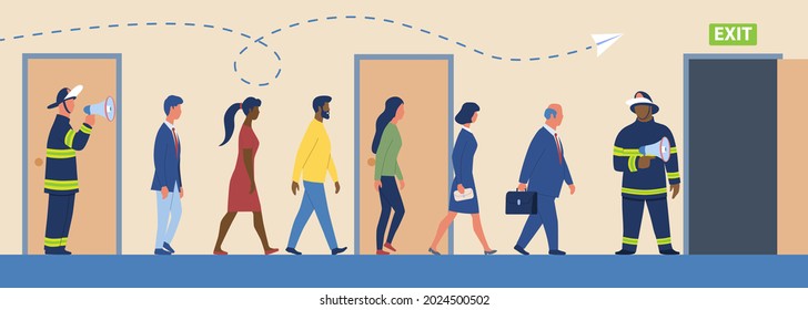 Employees leaving office in life-threatening situation under firemen control as a drill. Concept of building evacuation procedure, workplace emergency escape training. Flat cartoon vector illustration