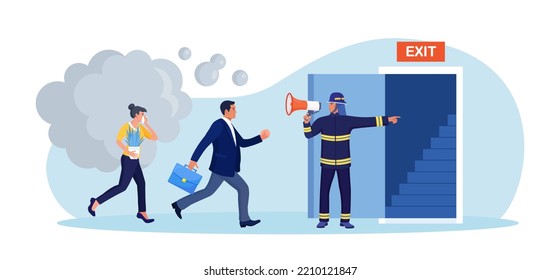 Employees leaving office, workplace in life-threatening situation. Building evacuation procedure. Fireman with megaphone announces fire emergency evacuation alarm. Firefighter with loudspeaker