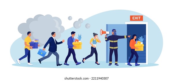 Employees Leaving Office, Workplace In Life-threatening Situation. Building Evacuation Procedure. Fireman With Megaphone Announces Fire Emergency Evacuation Alarm. Firefighter With Loudspeaker