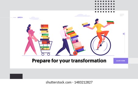 Employees Loaded with Hard Work in Office Website Landing Page. Business People Carry Piles of Documents Following Woman Riding Monowheel, Deadline Web Page Banner. Cartoon Flat Vector Illustration,
