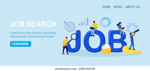 Employees looking for job. Unemployed people using magnifying glass, binoculars searching vacancy, job opportunities.  Unemployment. Career, find opportunity, work position. Online recruitment service