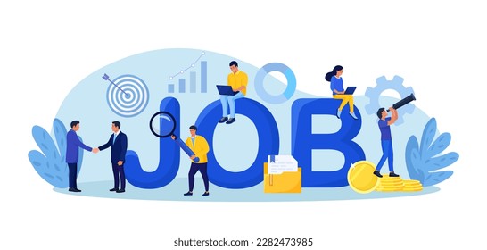 Employees looking for job. Unemployed people using magnifying glass, binoculars searching vacancy, job opportunities.  Unemployment. Career, find opportunity, work position. Online recruitment service