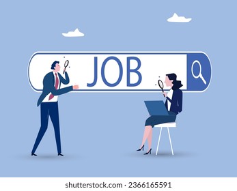 Employees looking for job, Employees using magnifying glass searching a job on the search bar, looking for employment and job vacancy concept. vector illustration.