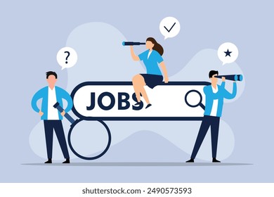 Empleados buscando trabajo, Empleados usando lupa buscando un trabajo en la barra de búsqueda 2d Ilustración vectorial plana