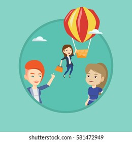 Employees looking at their successful colleague. Hardworking worker flying away in a balloon from her less successful colleagues. Vector flat design illustration in the circle isolated on background.