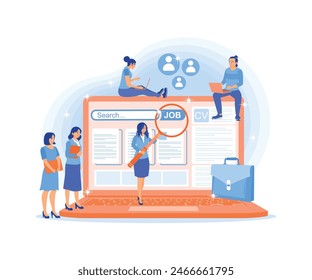 Employees are looking for work on social media. Looking for job info on my laptop. Job Search concept. Flat vector illustration.