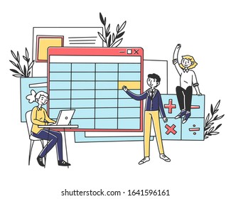 Employees making company bookkeeping report vector illustration. Accountants making balance sheet with computer software. Organizing accounting system, financial and banking data