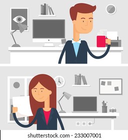 Employees - male and female characters in the office, vector illustration for web, flat style