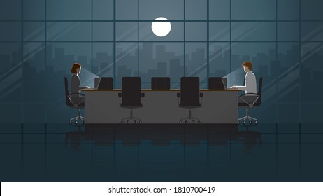 Employees man and woman working on laptop in office meeting window room. Work in the dark and light from full moon. City lifestyle of work hard overtime and overwork. Idea illustration concept scene.