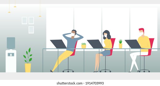 Empleados con máscaras trabajando en el cargo. Ilustración vectorial.