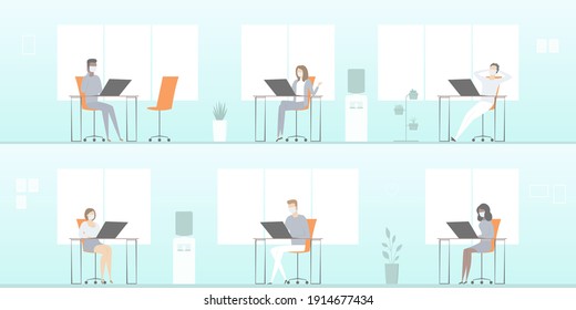 Employees in masks working in open plan office. Vector illustration.