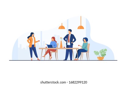 Employees meeting in office kitchen and drinking coffee. Team of workers talking during coffee break. Vector illustration for teamwork, lunch, corporate communication concept