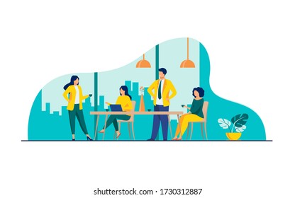 Employees meeting in office kitchen and drinking coffee. Team of workers talking during coffee break. Vector illustration for teamwork, lunch, corporate communication concept