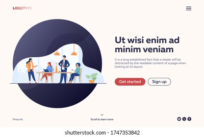 Employees meeting in office kitchen and drinking coffee. Team of workers talking during coffee break. Vector illustration for teamwork, lunch, corporate communication concept