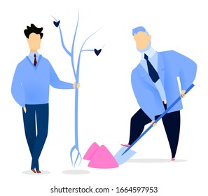 Employees men characters in suit digging soil near tree. Group of male holding wood and man holding shovel and working with ground outdoor. Businessman with spade and plant isolated on white vector