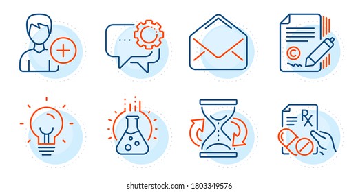 Employees Messenger, Chemistry Lab And Add Person Signs. Hourglass, Energy And Prescription Drugs Line Icons Set. Copywriting, Mail Symbols. Sand Watch, Lightbulb. Business Set. Vector