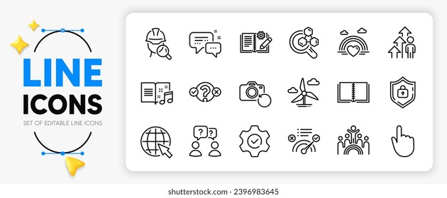 Employees messenger, Inspect and Chemistry lab line icons set for app include Music book, Hand click, Correct answer outline thin icon. Shield, Execute, Inclusion pictogram icon. Vector