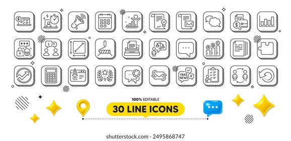 Employees messenger, Puzzle and Lawyer line icons pack. 3d design elements. Graph chart, Messenger, Calculator web icon. Accounting report, Audit, Calendar pictogram. Vector