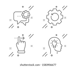 Employees messenger, Touchscreen gesture and Recovery gear line icons set. Idea head sign. Speech bubble, Slide right, Backup info. Lightbulb. Business set. Vector