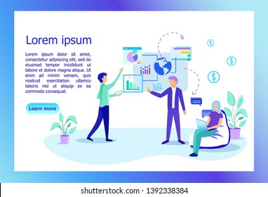 Employees in Office Discussing. Financial Project Management, Business, Workflow and Consulting Teamwork, Worldwide Global Customer Relationship. Cartoon Flat Vector Illustration, Horizontal Banner.