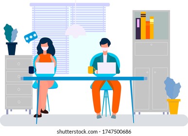 Los empleados de la oficina hacen su trabajo sentados en la mesa manteniendo una distancia. Gente con máscaras en la cara en la oficina. Ilustración vectorial en estilo plano.