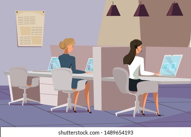 Employees in office flat vector illustration. Workers, managers using laptops at workplace cartoon characters. Coworking workspace, open office. Helpline assistant, operator, wearing headset