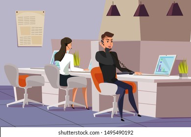 Employees in office flat vector illustration. Workers, managers using laptops at workplace cartoon characters. Coworking workspace, open office. Helpline assistant, operator, wearing headset