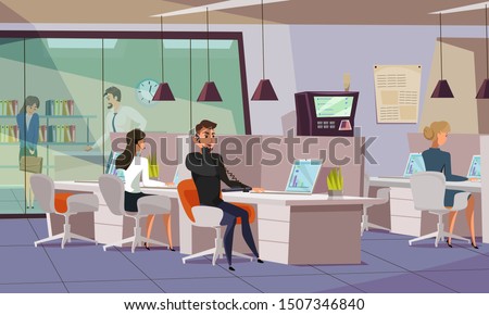 Employees in office flat vector illustration. Workers, managers using laptops at workplace cartoon characters. Coworking workspace, open office. Helpline assistant  operator wearing headset