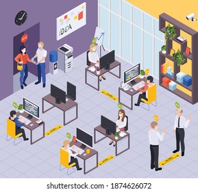 Employees In Office Interior With Markup For Social Distancing And Medical Testing At Entrance Isometric Background Vector Illustration