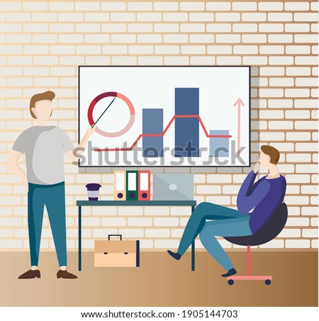 Employees in the office show analyzing presentation charts at the table.