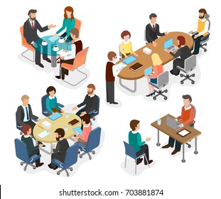 Employees of the office team discussed working questions at the table.  Business concept flat 3d isometric infographic vector.  